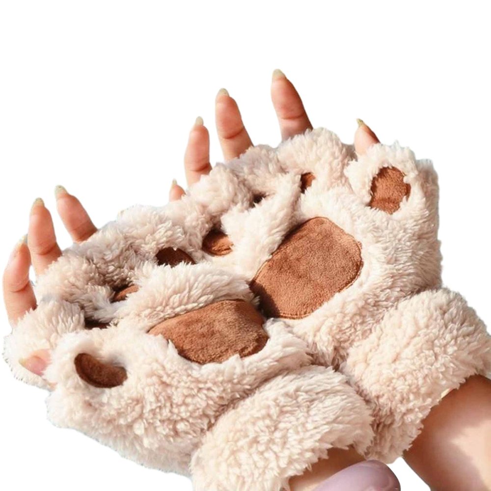 Bluelans Cute Cat Kitten Paw Fingerless Gloves Cozy Faux Fur Plush Half Finger Gloves Touchscreen Warm Mittens for Girls Women Beige