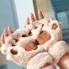 Bluelans Cute Cat Kitten Paw Fingerless Gloves Cozy Faux Fur Plush Half Finger Gloves Touchscreen Warm Mittens for Girls Women Beige view 2
