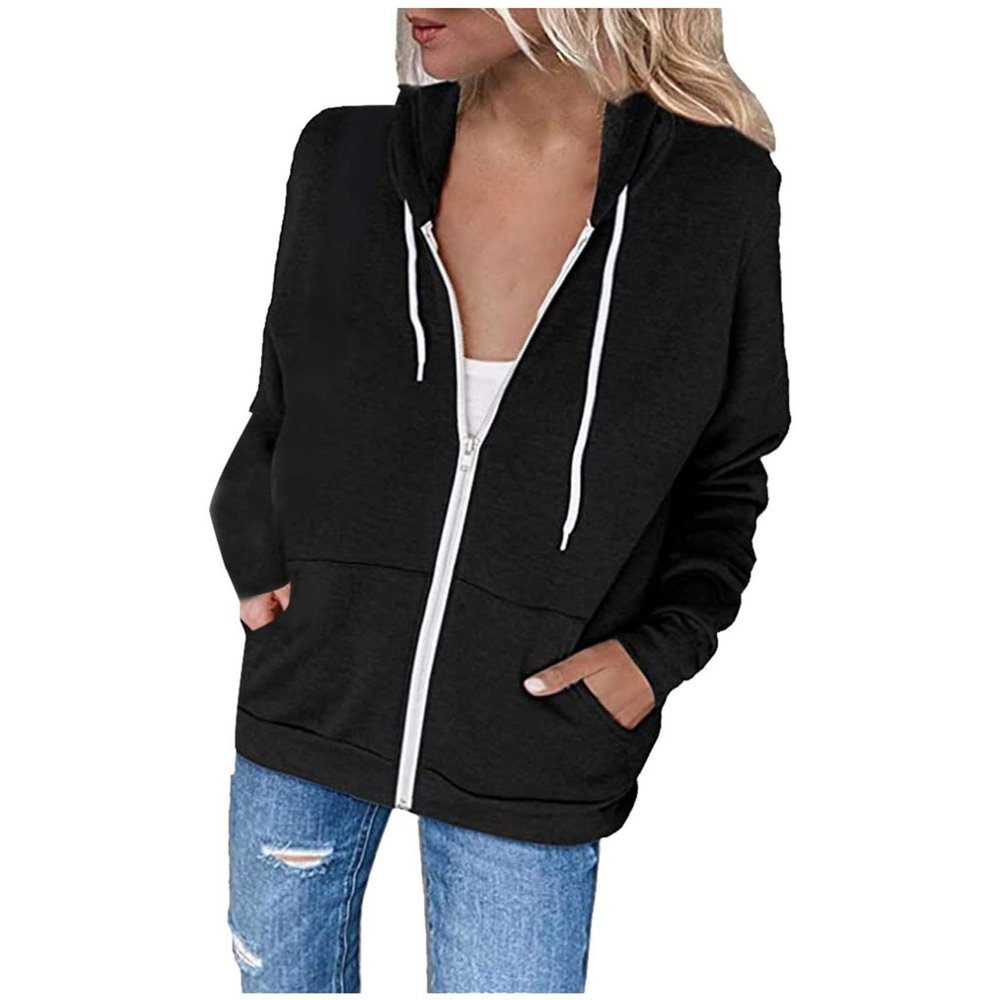 Womens Hoodies Oversized Sweatshirts Zip Up Casual Fall Fashion Jacket 2023 Drawstring Workout Outerwear With Pockets Black