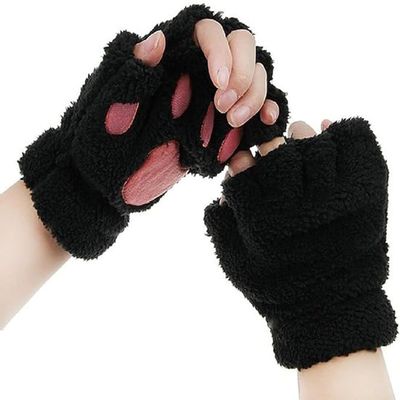 Bluelans Cute Cat Kitten Paw Fingerless Gloves Cozy Faux Fur Plush Half Finger Gloves Touchscreen Warm Mittens for Girls Women Black