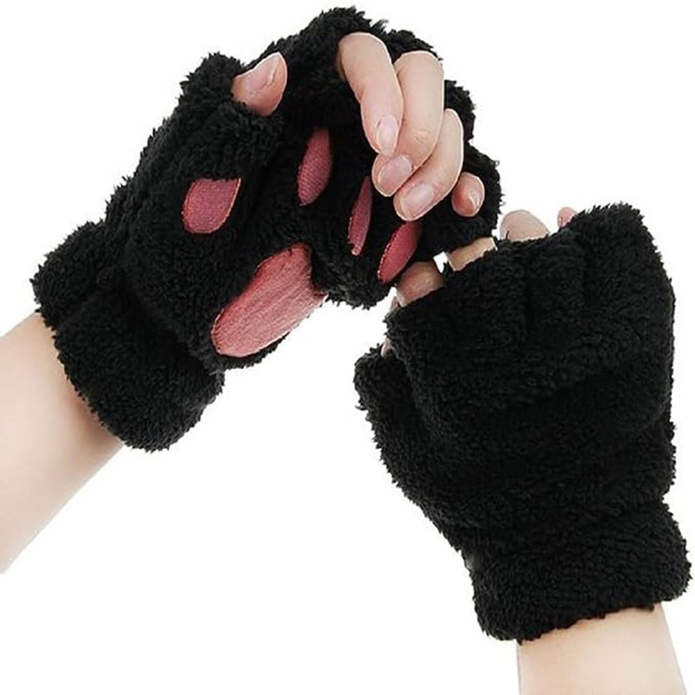 Bluelans Cute Cat Kitten Paw Fingerless Gloves Cozy Faux Fur Plush Half Finger Gloves Touchscreen Warm Mittens for Girls Women Black