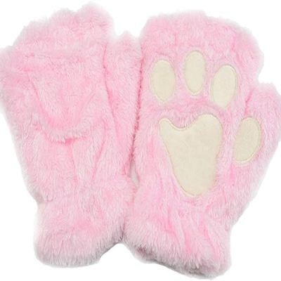 Bluelans Cute Cat Kitten Paw Fingerless Gloves Cozy Faux Fur Plush Half Finger Gloves Touchscreen Warm Mittens for Girls Women Pink