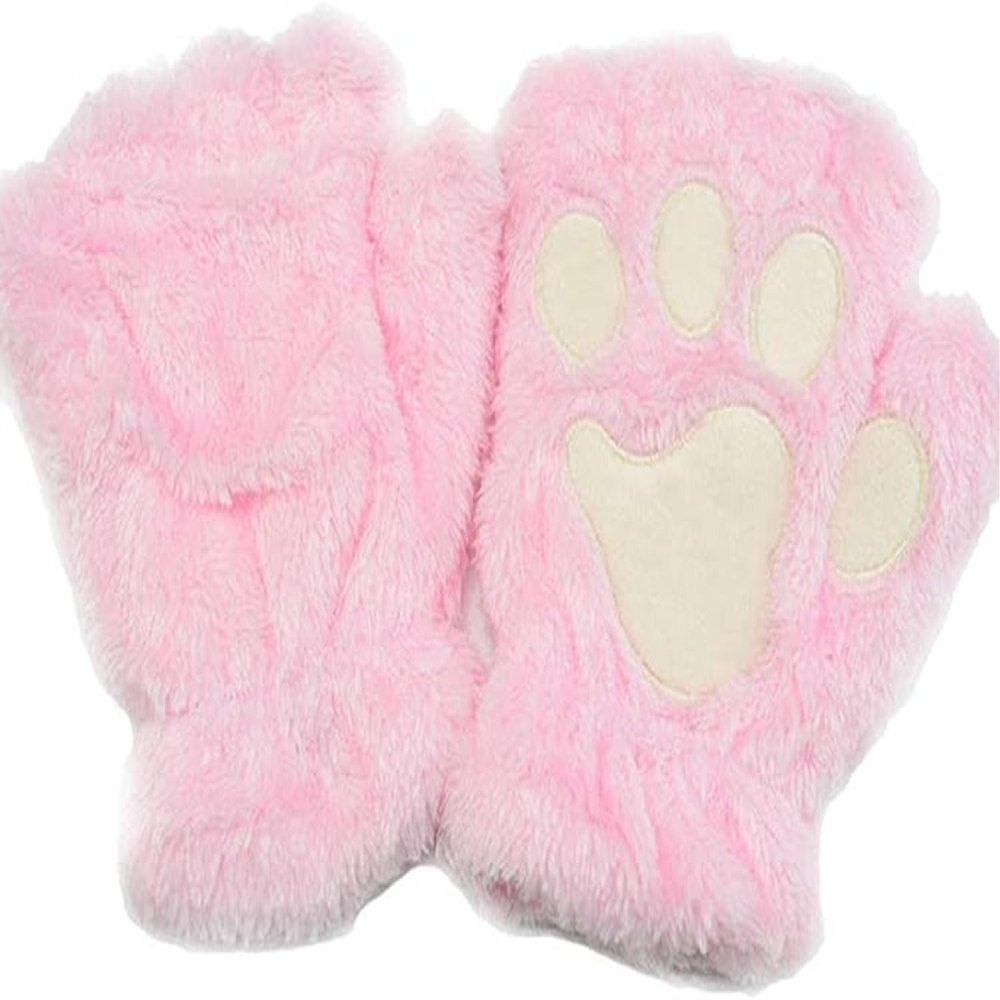 Bluelans Cute Cat Kitten Paw Fingerless Gloves Cozy Faux Fur Plush Half Finger Gloves Touchscreen Warm Mittens for Girls Women Pink