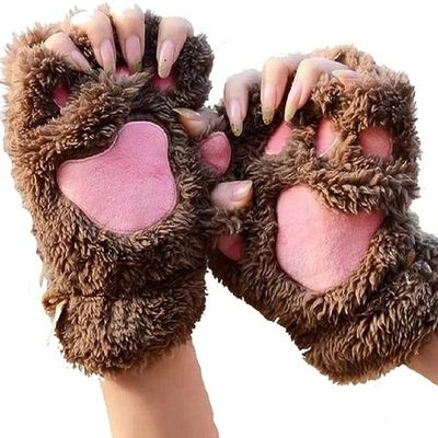 Bluelans Cute Cat Kitten Paw Fingerless Gloves Cozy Faux Fur Plush Half Finger Gloves Touchscreen Warm Mittens for Girls Women Brown