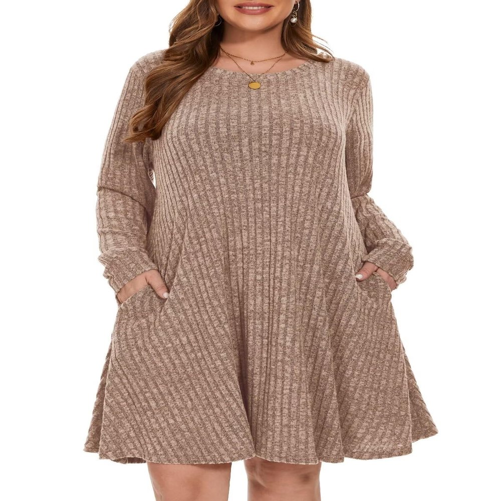 BELAROI Sweater Dress Plus Size Dresses for Curvy Women Long Sleeve Crew Neck Casual Tunic Fall Winter Oufits Pockets (5X, Khaki)