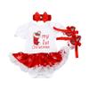 AFAVOM Baby Girls First Christmas Outfit 1st Xmas Letters Print Red Tutu Romper Dress for Newborn New Year Photo Shoot Clothes Birthday Party Bodysuit+Handband+Shoes White-Socks Print 0-3 Months view 1