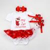 AFAVOM Baby Girls First Christmas Outfit 1st Xmas Letters Print Red Tutu Romper Dress for Newborn New Year Photo Shoot Clothes Birthday Party Bodysuit+Handband+Shoes White-Socks Print 0-3 Months view 2