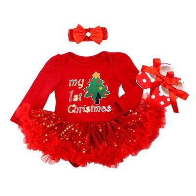 AFAVOM My First Christmas Outfit Girls 1st Xmas Letter Print Red Tutu Romper Dress Newborn New Year Photo Shoot Clothes Infant Birthday Party Bodysuit+Handband+Shoes My 1st Christmas-Tree 6-12 Months