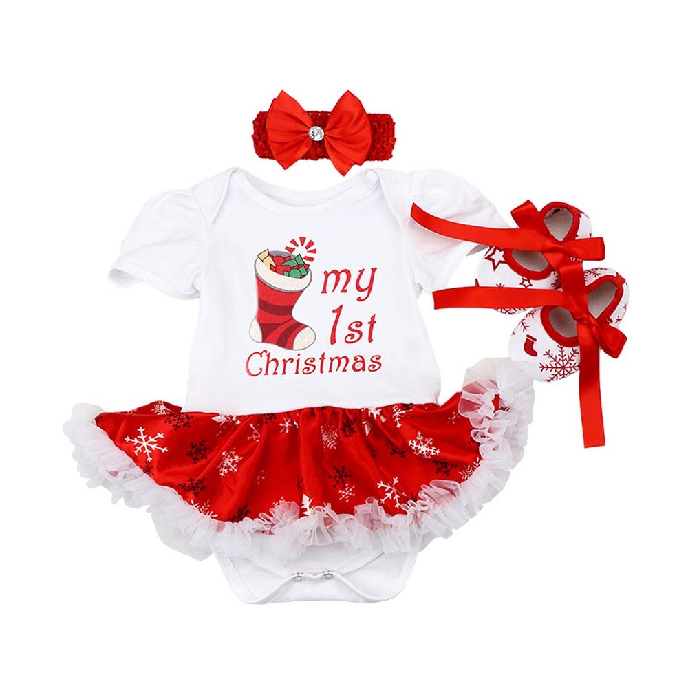 AFAVOM Baby Girls First Christmas Outfit 1st Xmas Letters Print Red Tutu Romper Dress for Newborn New Year Photo Shoot Clothes Birthday Party Bodysuit+Handband+Shoes White-Socks Print 3-6 Months