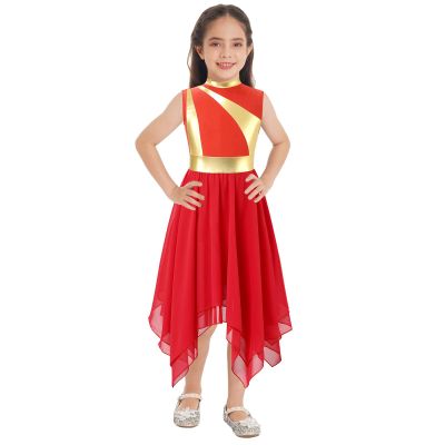 Sinleey Girls Ballet Praise Modern Lyrical Dance Dress Metallic Sleeveless Asymmetrical Hem Dress Performance Costume Red 6 Years