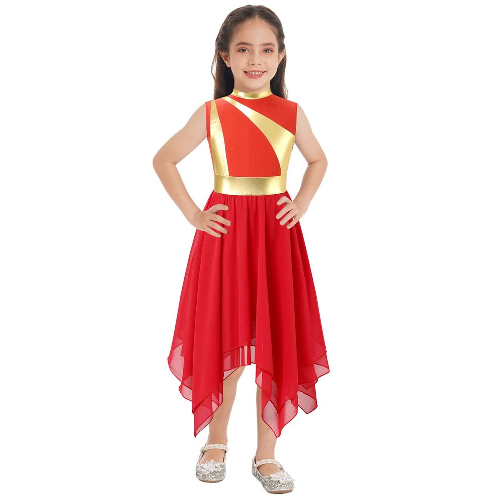 Sinleey Girls Ballet Praise Modern Lyrical Dance Dress Metallic Sleeveless Asymmetrical Hem Dress Performance Costume Red 6 Years