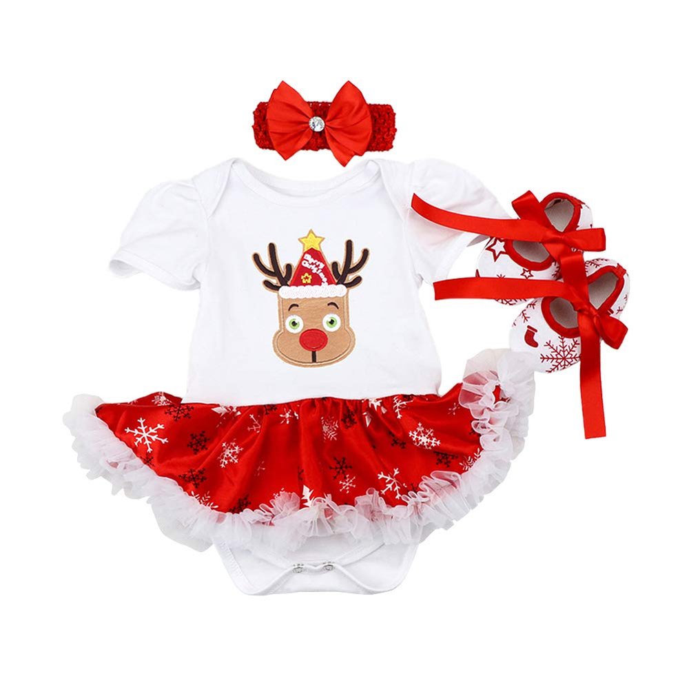 AFAVOM My First Xmas Outfit Baby Girls Elk Christmas Reindeer Print Tutu Romper Dress Newborn New Year Photo Shoot Clothes Infant Birthday Party Bodysuit+Handband+Shoes White-Elk Print 0-3 Months