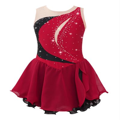JEATHA Kids Girls Shiny Rhinestones Sleeveless Figure Skating Dress Dance Costume Ballet Dancewear Burgundy 6 Years