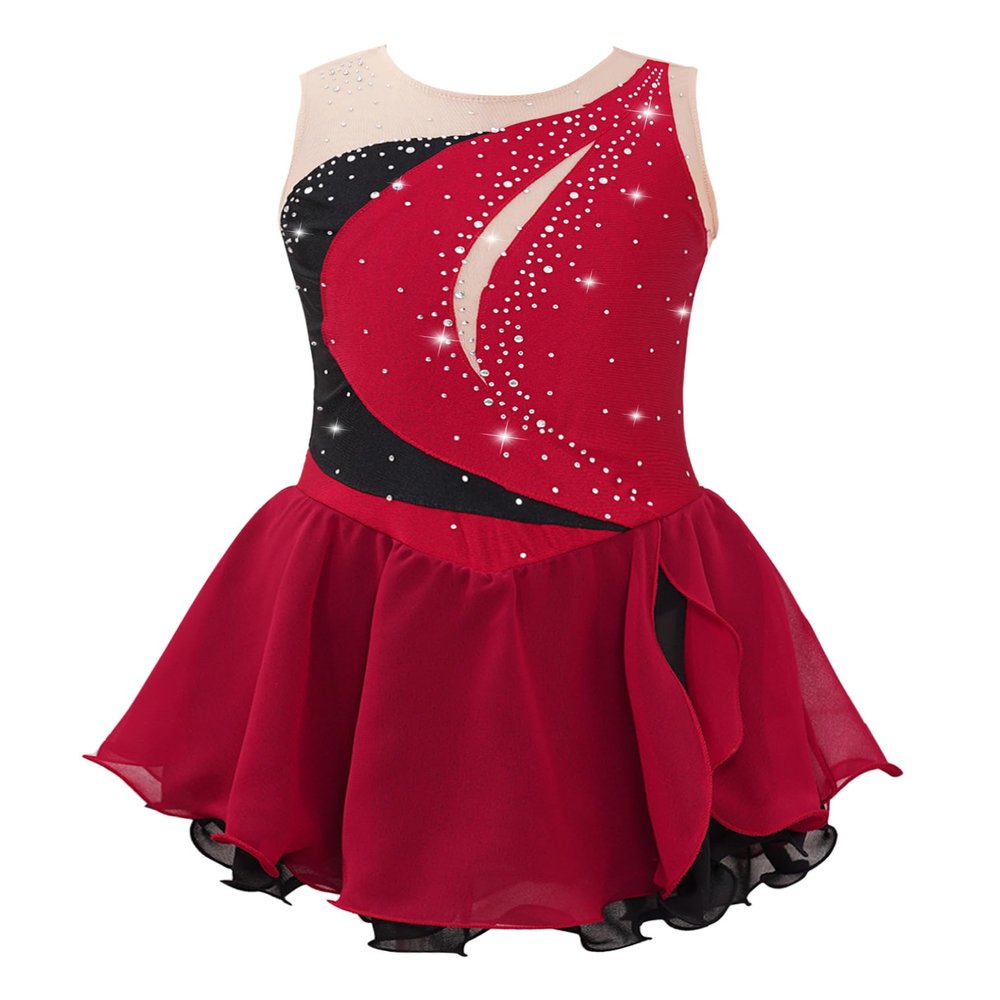 JEATHA Kids Girls Shiny Rhinestones Sleeveless Figure Skating Dress Dance Costume Ballet Dancewear Burgundy 6 Years