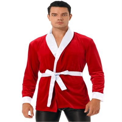 ranrann Men's Christmas Velvet Robe Smoking Jacket Role Play Costume Collar Short Dressing Gown White 3X-Large