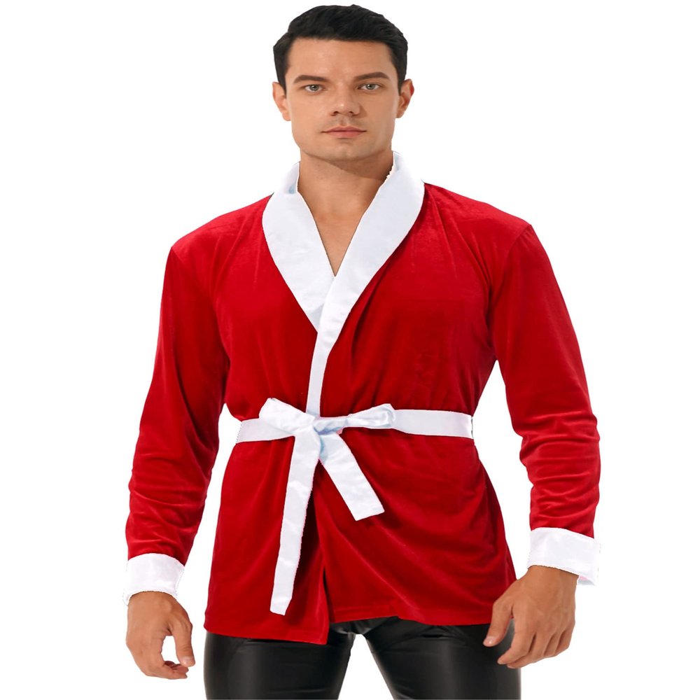 ranrann Men's Christmas Velvet Robe Smoking Jacket Role Play Costume Collar Short Dressing Gown White 3X-Large