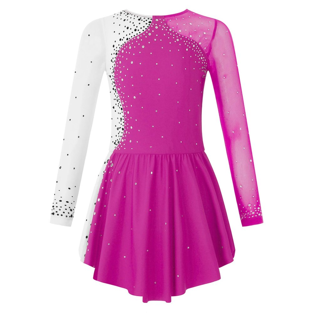 Agoky Kid Girls Shiny Figure Ice Skating Dress Long Sleeve Gymnastic Leotard Dress Roller Skater Ballet Dance Dress Dancewear Rose B 10 Years