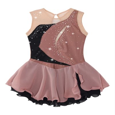 JEATHA Kids Girls Shiny Rhinestones Sleeveless Figure Skating Dress Dance Costume Ballet Dancewear Light Coffee 14 Years