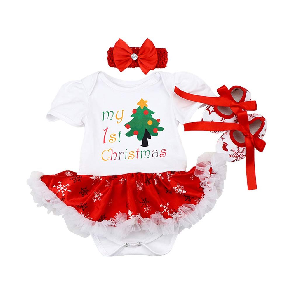 AFAVOM My First Christmas Outfit Baby Girls 1st Xmas Red Romper Tutu Dress Newborn New Year Photo Shoot Clothes Infant Birthday Party Bodysuit+Handband+Shoes White-Christmas Tree 6-12 Months