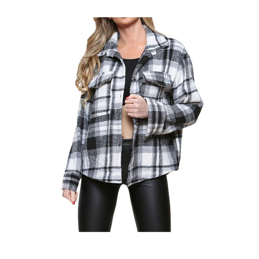 BIWTUP Ladies 2 Pockets Long Sleeve Shirt Top Jacket Womens Check Fleece Casual Winter Tunic Shacket