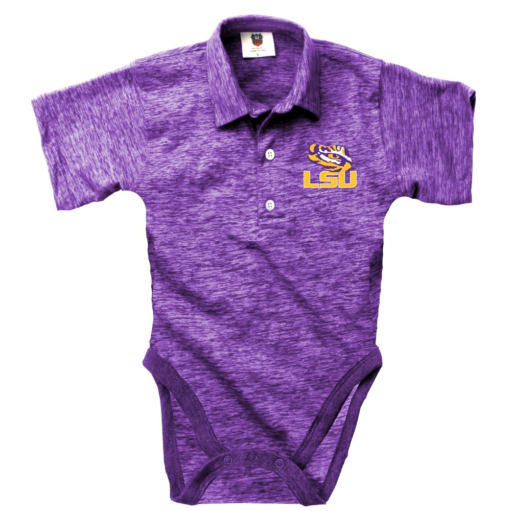 Wes and Willy Baby Sports Fan Polo Snap Suit Romper Infant Cloudy Yarn Golf Creeper (LSU, 12M)