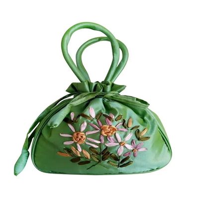 HUFFA Ethnic Style Handmade Embroidery Handbag Ancient Style Floral Embroidered Drawstring Closure Tote Small Bag (Color : Green)