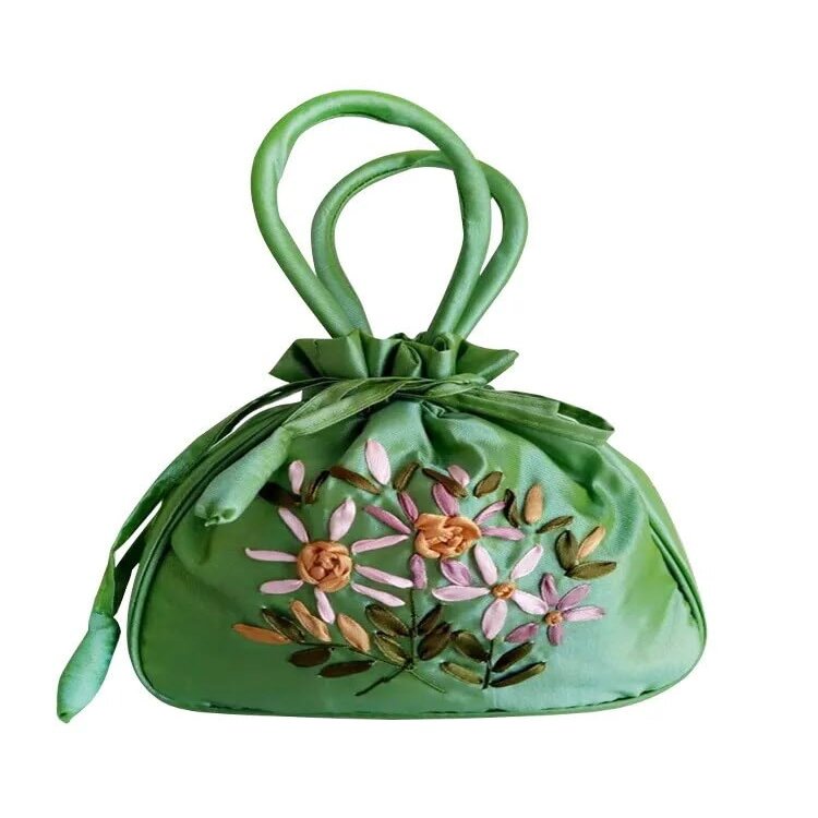 HUFFA Ethnic Style Handmade Embroidery Handbag Ancient Style Floral Embroidered Drawstring Closure Tote Small Bag (Color : Green)