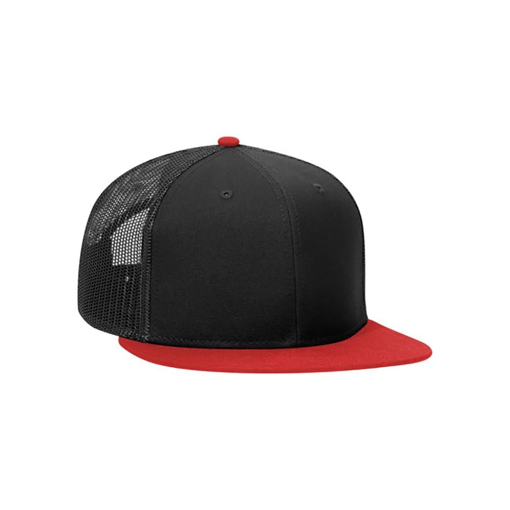 Ashen Fane 6 Panel Mid Profile Mesh Back Structured Trucker Adjustable Snapback Hat, Red/Blk/Blk