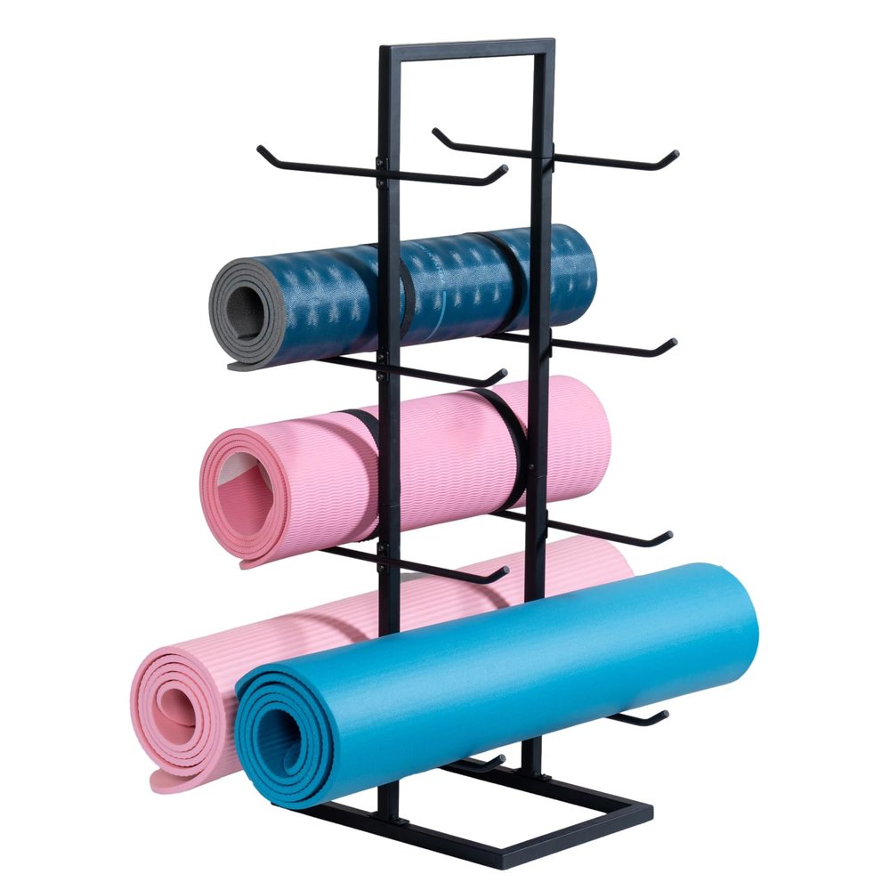 MyGift 4 Tier Yoga Mat Holder, Foam Roller Storage, Freestanding Double Sided Matte Black Metal Fitness Mat Stand