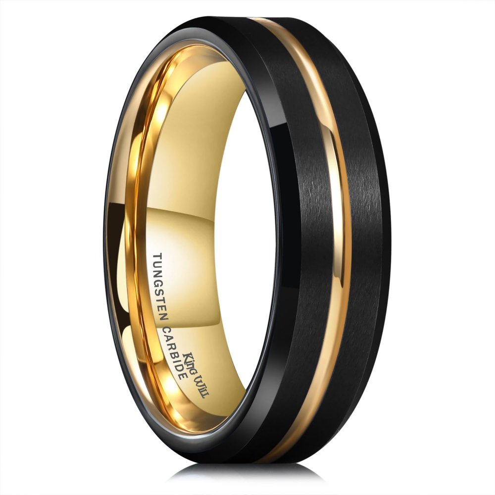 King Will Tungsten Carbide Wedding Band for Men Women-6mm Width in Black with Gold Grooved Center Wedding Ring Matte Finished Suitable for Work, Gym Comfort Fit Size 9.5