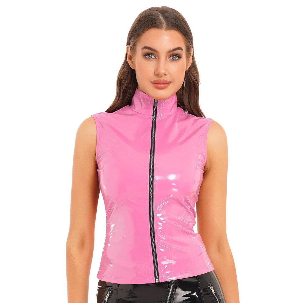 Sxiwei Zipper Bustier for Women Zipper Bustier Tank Vest Crop Top Latex Vest Tops Breast Bare Corset Top Rave Pink Medium