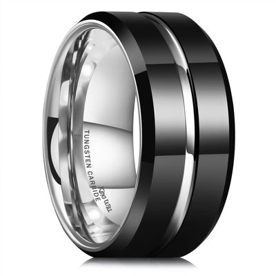 King Will Tungsten Carbide Wedding Band for Men Women-10mm in Black and Silver with Grooved Center High Polished Wedding Ring Suitable for Work, Gym Comfort Fit Size 10.5