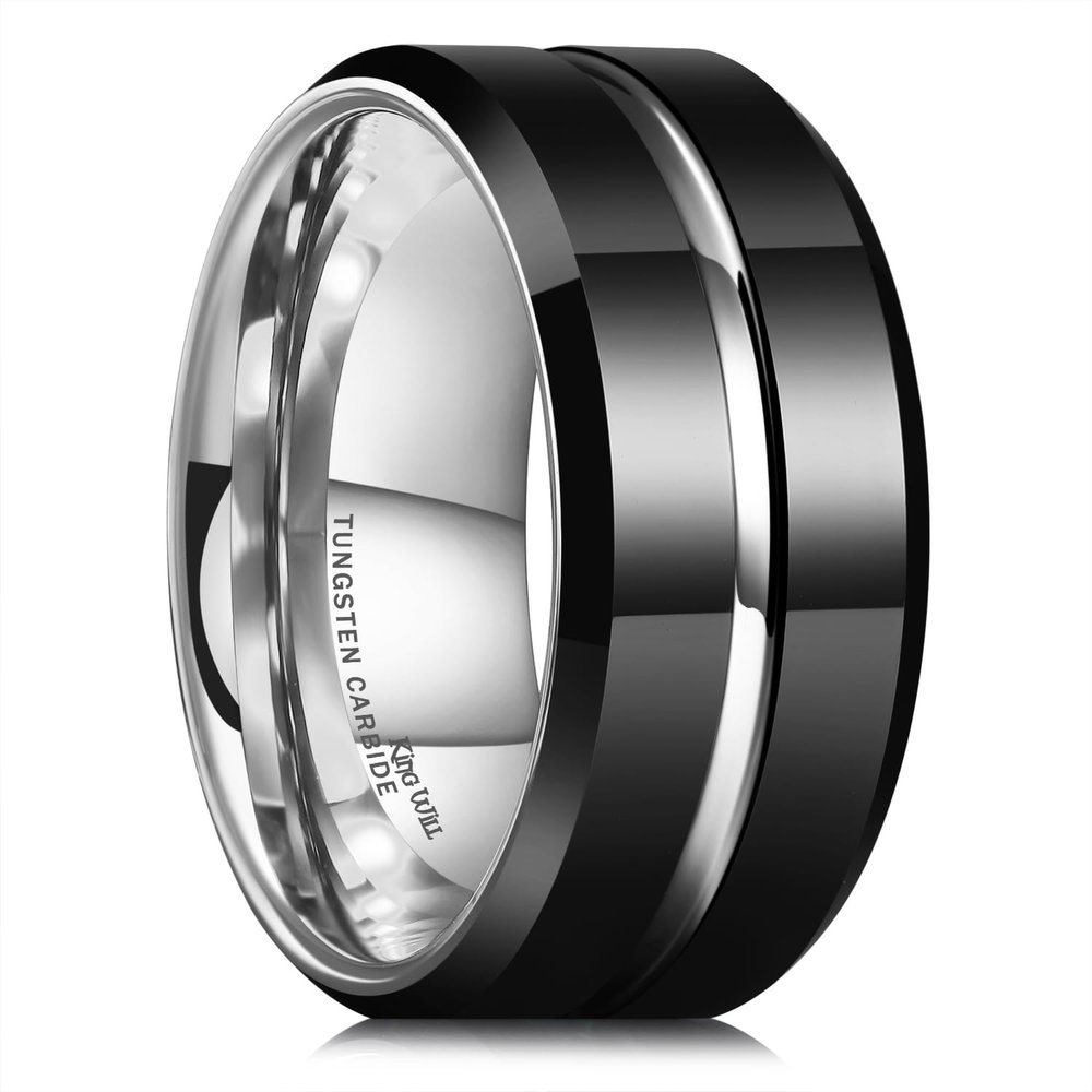 King Will Tungsten Carbide Wedding Band for Men Women-10mm in Black and Silver with Grooved Center High Polished Wedding Ring Suitable for Work, Gym Comfort Fit Size 10.5