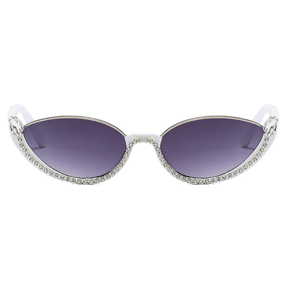 Fashion bling Rhinestone Cat Eye Sunglasses for Women Retro Narrow Cat-eye Diamond Sun Glasses Vintage Style Tinted Lens (white gray)