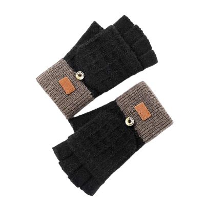 Women's Faux Alpaca Warm Half Finger Full Finger Open Front Gloves Double Layer Wrist Cuff Leather Decorative Knitted Gloves (Color : Half Black, Size : Talla nica)