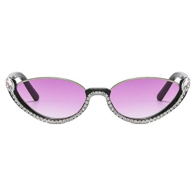 Small Cat Eye Diamond Sunglasses Women Trendy Vintage Shiny Shades Fashion Rhinestone Sunglasses Half-frame Sun Glasses (black&purple)