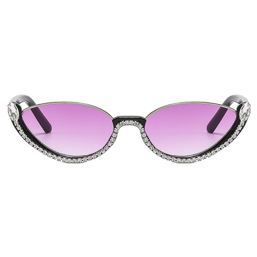 Small Cat Eye Diamond Sunglasses Women Trendy Vintage Shiny Shades Fashion Rhinestone Sunglasses Half-frame Sun Glasses (black&purple)