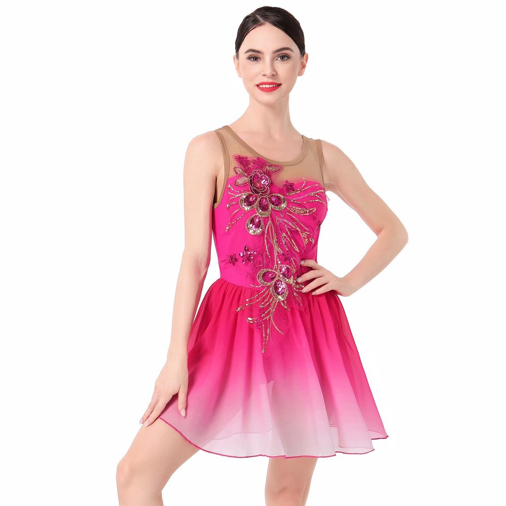 Figure Skating Dress for Women Ice Skating Costume Shiny Sequins Flower Dance Leotard Gradient Mesh See Through Chiffon Flowy Skirt Ballerina Gymnastics Competition Dancewear Rose Pink L