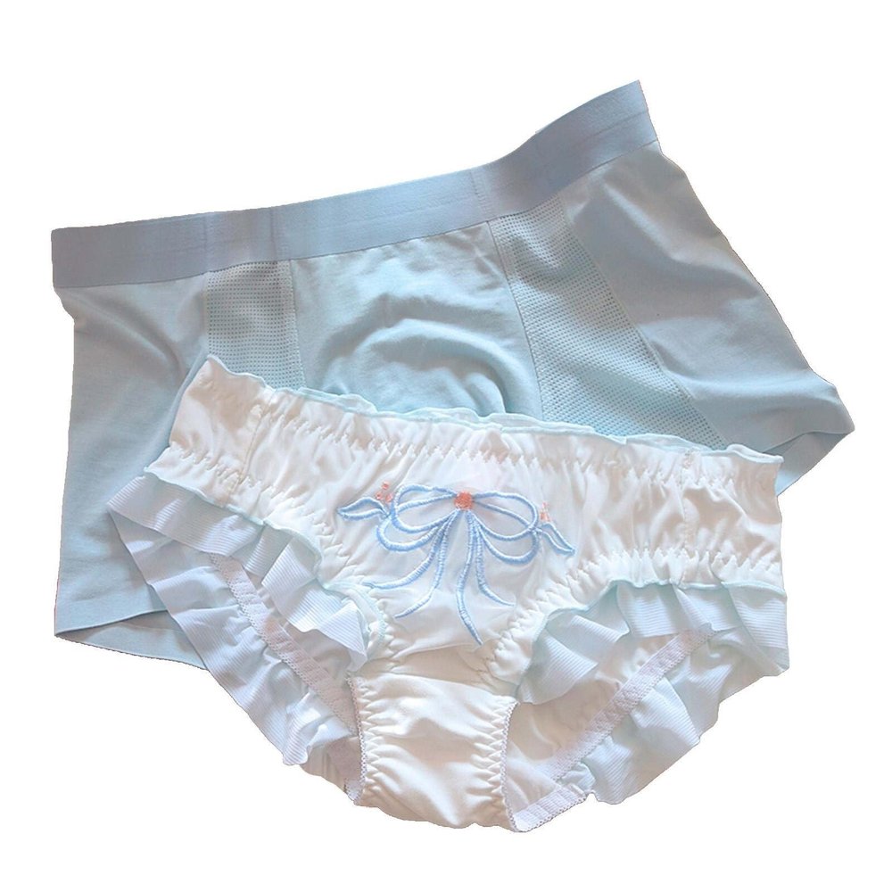 Fashion Hot Couple Panties Japanese Cute rabbit plush lace-up panties Women Briefs Men Boxer Shorts blue 2 set (Color : Blue, Size : Female XL+Male L)
