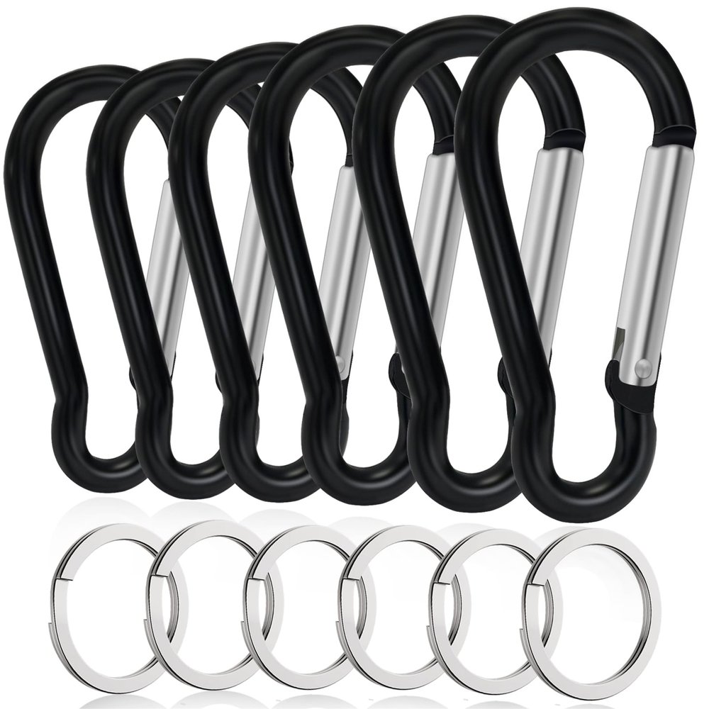 6PCS Carabiners, LDJZON 2.68 Inch Aluminum Carabiner Clip Spring Snap Hook with 6PCS Keyrings Keychain Hook for Keys, Backbag, Camping Lamp,Water Bottle Black