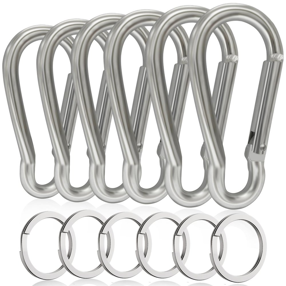 6PCS Carabiners, LDJZON 2.32 Inch Large Aluminum Carabiner Clip Spring Snap Hook with 6PCS Keyrings Keychain Hook for Keys, Backbag, Camping Lamp,Water Bottle Silver