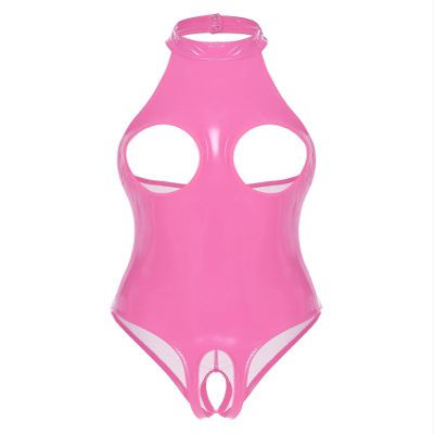 YiZYiF Women's Metallic PVC Leather Look One Piece Thong Mesh Bodycon Backless Leotard Crotchless Pink C Small