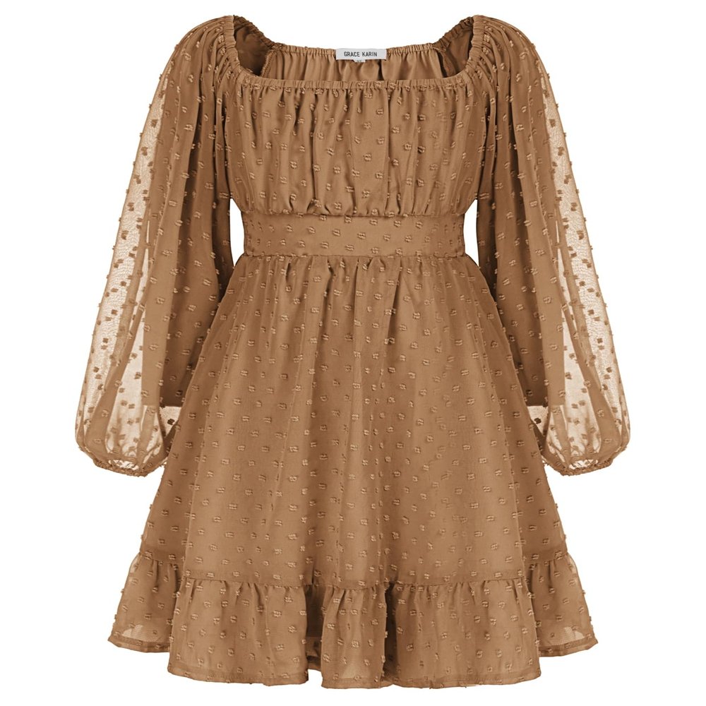 GRACE KARIN Girl Casual Midi Dress Long Sleeve Fall Dresses Ruffle A Line Swing Flowy Solid Khaki Size 8Y