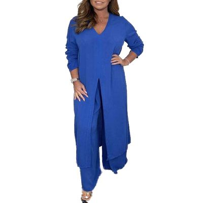 ZOCANIA Womens 2 Piece Outfits Sets Split Long Sleeve V Neck Maxi Shirt Top Loose Palszzo Pant Suits Blue Two Piece Set Plus Size Overalls for Women