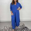 ZOCANIA Womens 2 Piece Outfits Sets Split Long Sleeve V Neck Maxi Shirt Top Loose Palszzo Pant Suits Blue Two Piece Set Plus Size Overalls for Women view 2