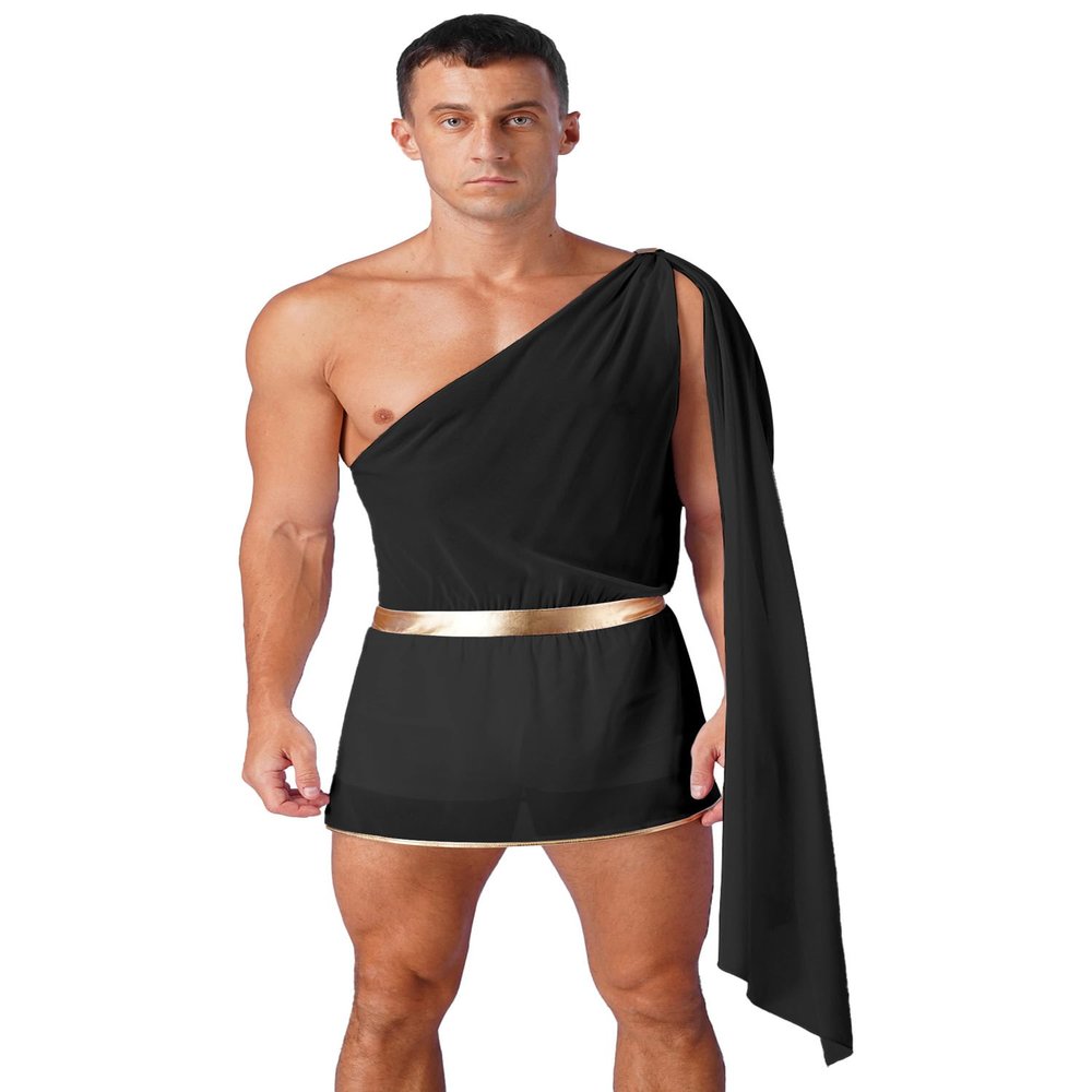 YiZYiF Men's One-Shoulder Harness Mr. Toga Party Costume Mankini Outfit Ancient Greek Lingerie Black Medium