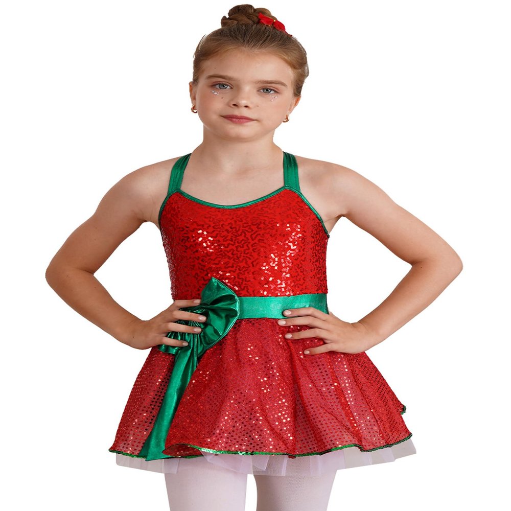Huimingda Girls Christmas Shiny Sequin Sleeveless Dress Ballet Dance Leotard Dress Cheer Performance Costume Red A 14 Years