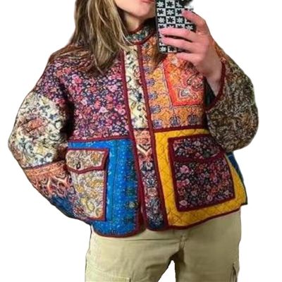 Faretumiya Women Open Front Puffer Jacket Vinatge Floral Crop Quilted Cardigan Y2k Patchwork Padded Coat Streetwear(Colorfull Khaki,Small)