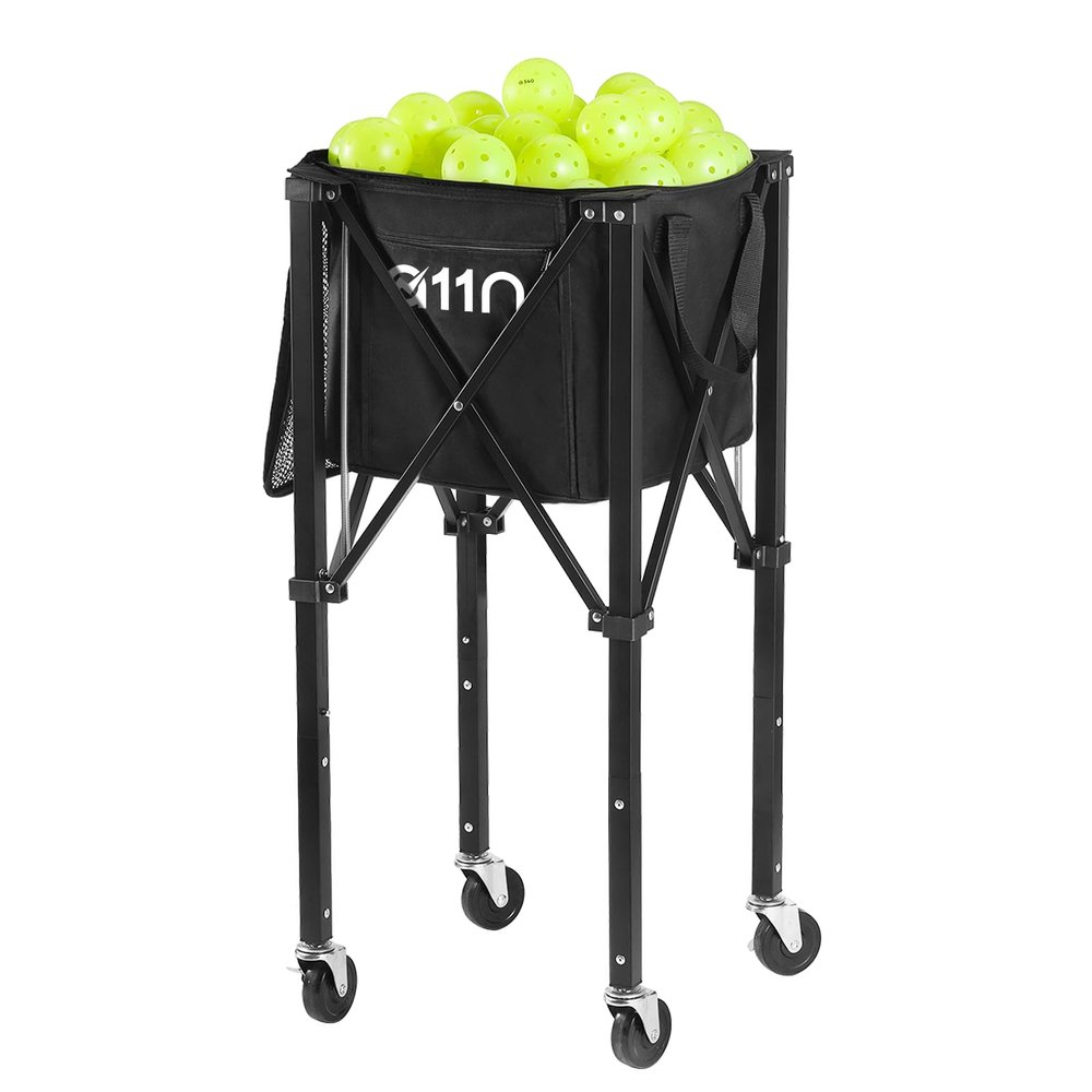A11N Pickleball Tennis Ball Hopper - Sturdy Large Capacity Tennis Ball Basket Holds 120 Balls, Upgraded Pickleball Caddy Practice Equipment/Multifunction Pockets and Wheels for Training/Teaching