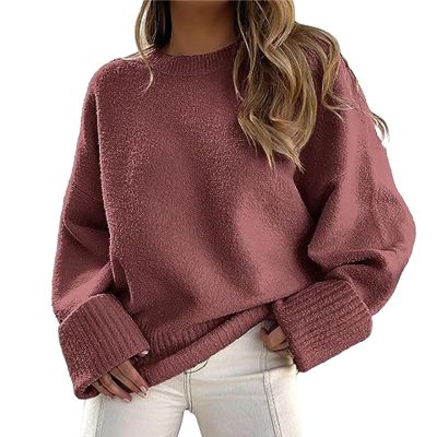 Women's Crewneck Long Sleeve Sweaters Oversized Fuzzy Knit Chunky Warm Pullover Sweater Top 2023 Fall Loose Jumpers Pink